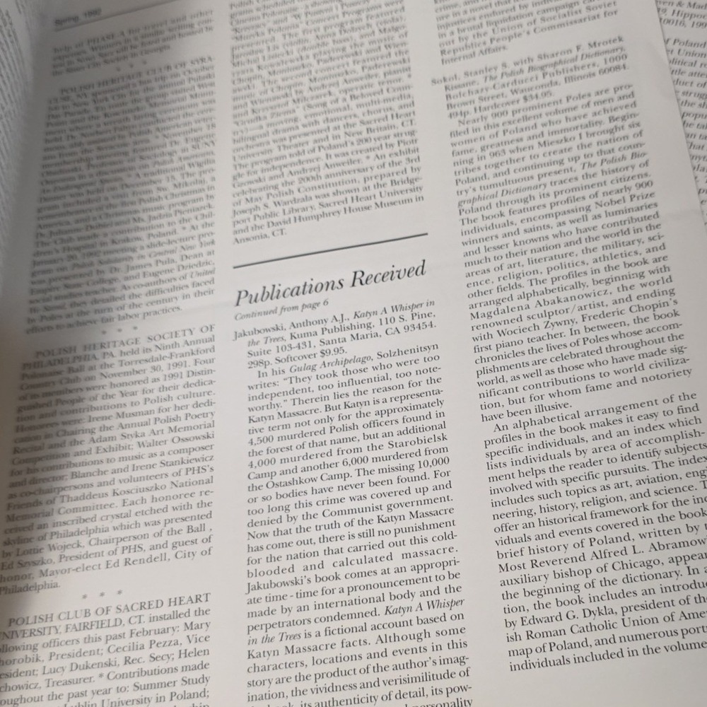 Polish Heritage Quarterly Newsletter Spring 1992 Paderewski Dyczkowski Vol XLIII - Picture 3 of 6